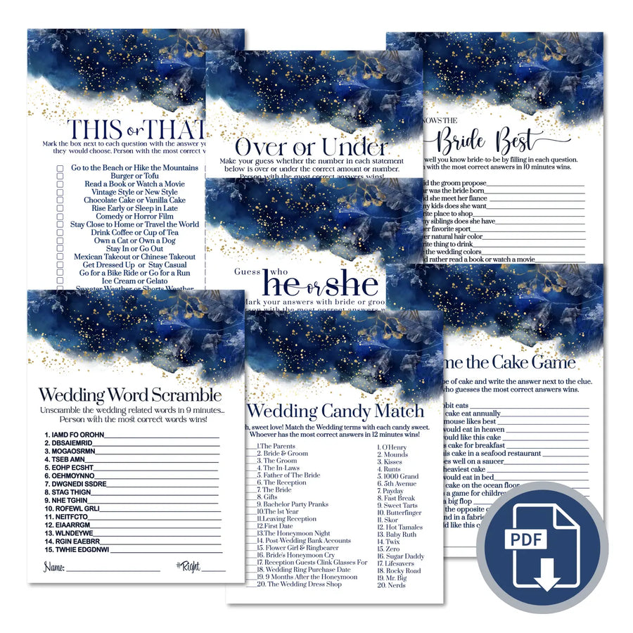 Navy watercolor bridal shower game bundle instant download gold floral printable diy fun activities for weddings pdf
