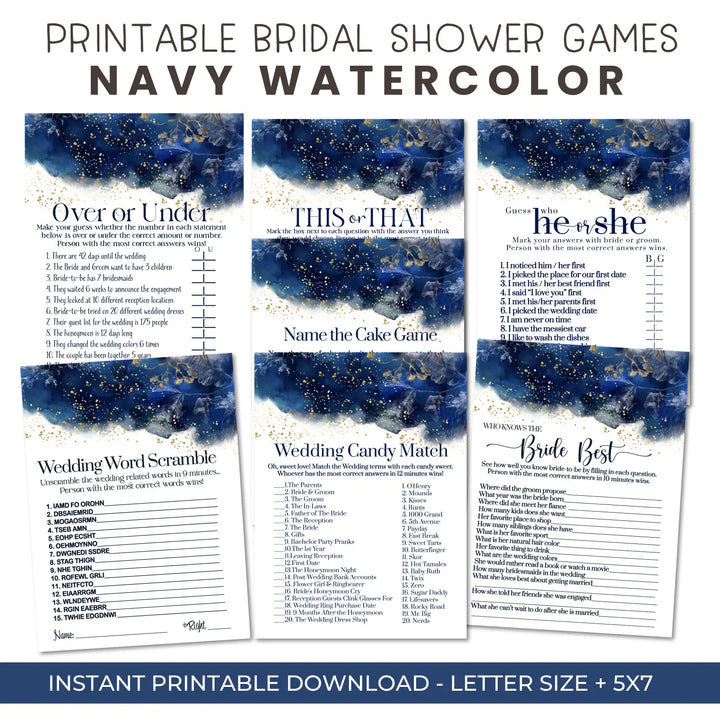 Navy watercolor bridal shower game bundle instant download gold floral printable diy fun activities for weddings pdf