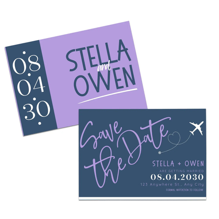 Custom Navy and Lilac Save the Date Cards - Personalized 4x6 Inch Invitations with Elegant Typography and White Envelopes - Perfect for Weddings, Birthdays, and Showers