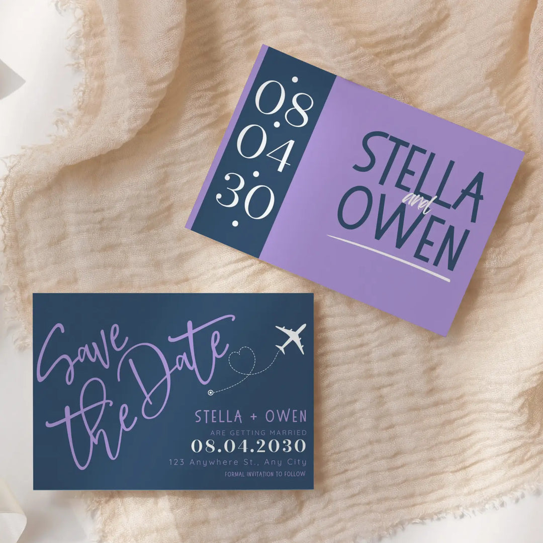 Custom Navy and Lilac Save the Date Cards - Personalized 4x6 Inch Invitations with Elegant Typography and White Envelopes - Perfect for Weddings, Birthdays, and Showers