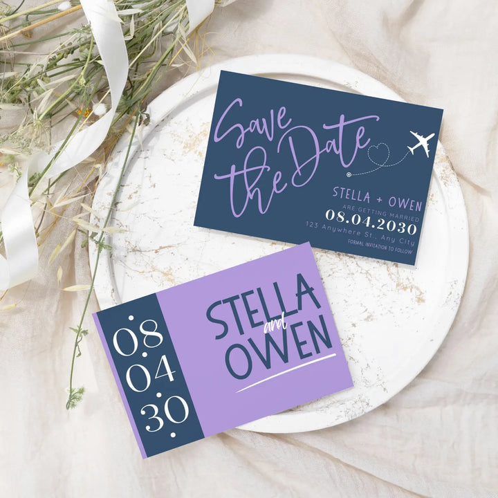 Custom Navy and Lilac Save the Date Cards - Personalized 4x6 Inch Invitations with Elegant Typography and White Envelopes - Perfect for Weddings, Birthdays, and Showers