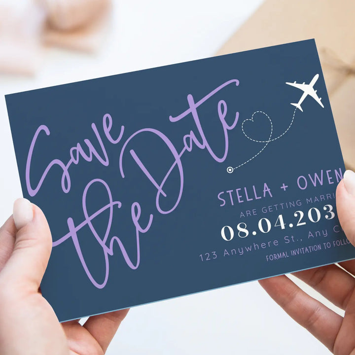 Custom Navy and Lilac Save the Date Cards - Personalized 4x6 Inch Invitations with Elegant Typography and White Envelopes - Perfect for Weddings, Birthdays, and Showers