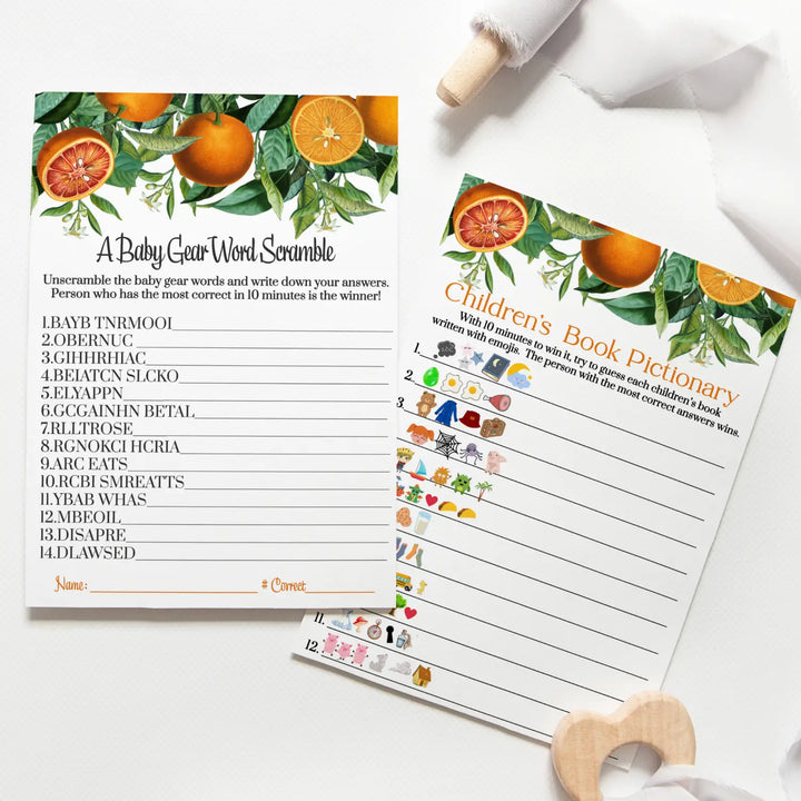 Orange Baby Shower Game Set, Word Scramble & Emoticon Storybook Guess, 5x7 Cards (25 ct) - Paper Clever Party