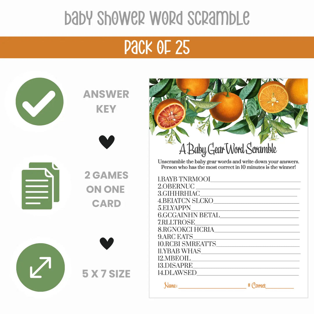 Orange Baby Shower Game Set, Word Scramble & Emoticon Storybook Guess, 5x7 Cards (25 ct) - Paper Clever Party