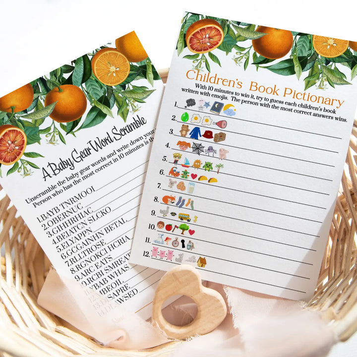 Orange Baby Shower Game Set, Word Scramble & Emoticon Storybook Guess, 5x7 Cards (25 ct) - Paper Clever Party