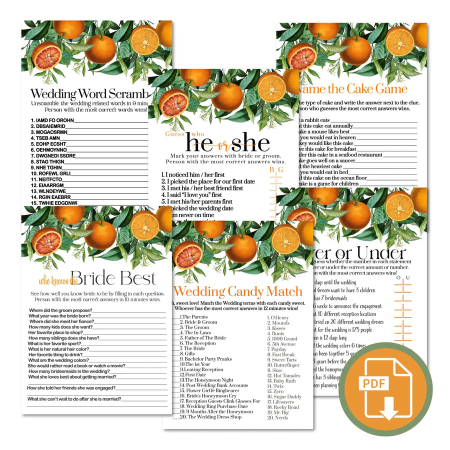 Orange crush bridal shower game instant download printable wedding games fun for guests easy to use pdf - party