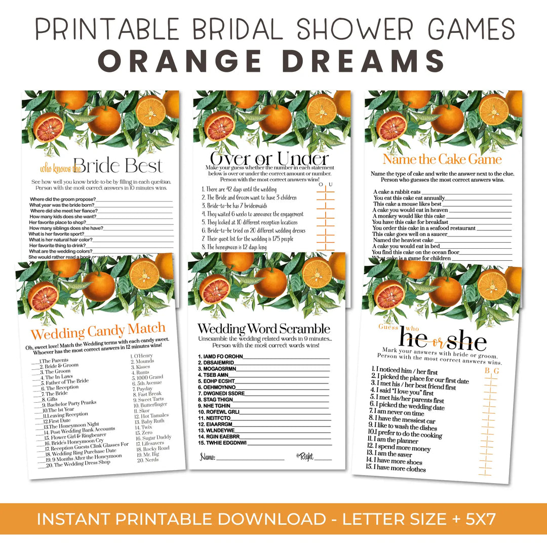 Orange crush bridal shower game instant download printable wedding games fun for guests easy to use pdf - party