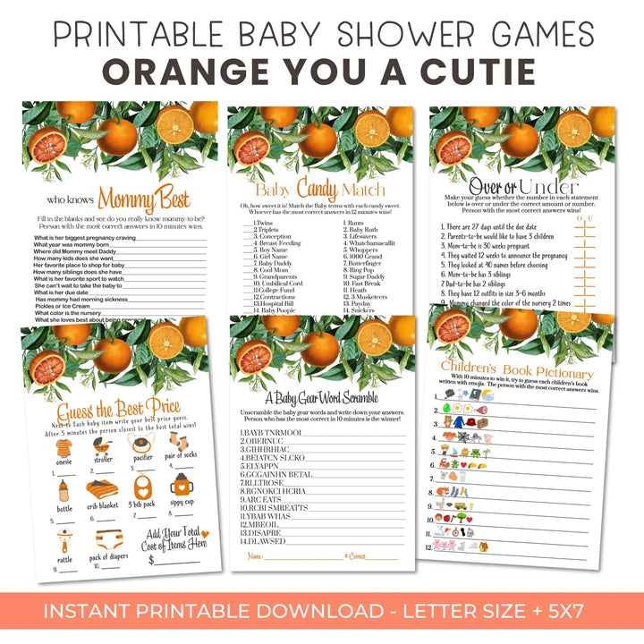 Orange cutie baby shower games bundle – instant download printable activities coed celebration fun digital game diy