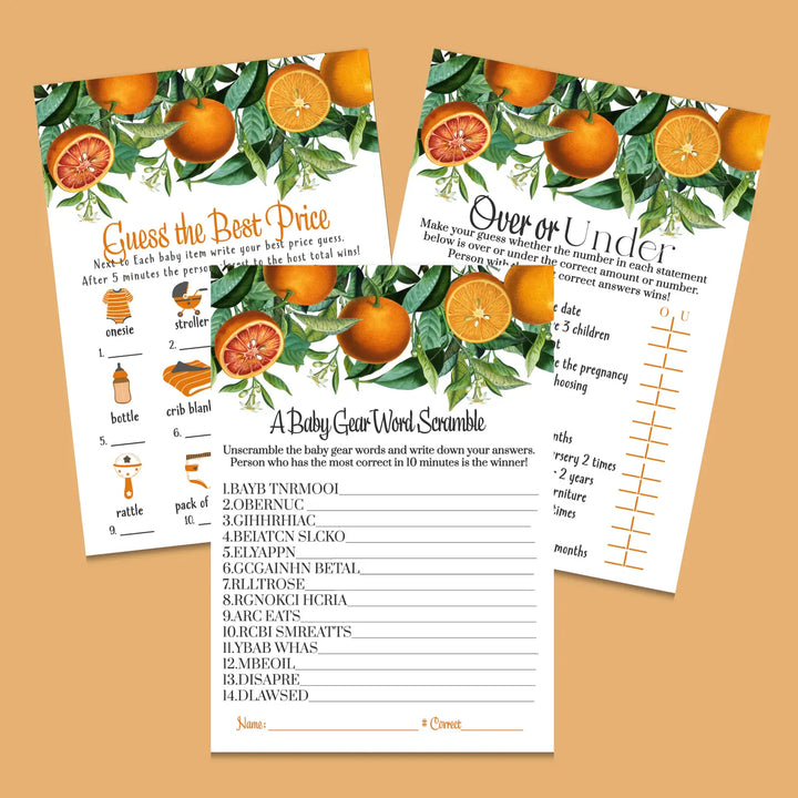 Orange cutie baby shower games bundle – instant download printable activities coed celebration fun digital game diy