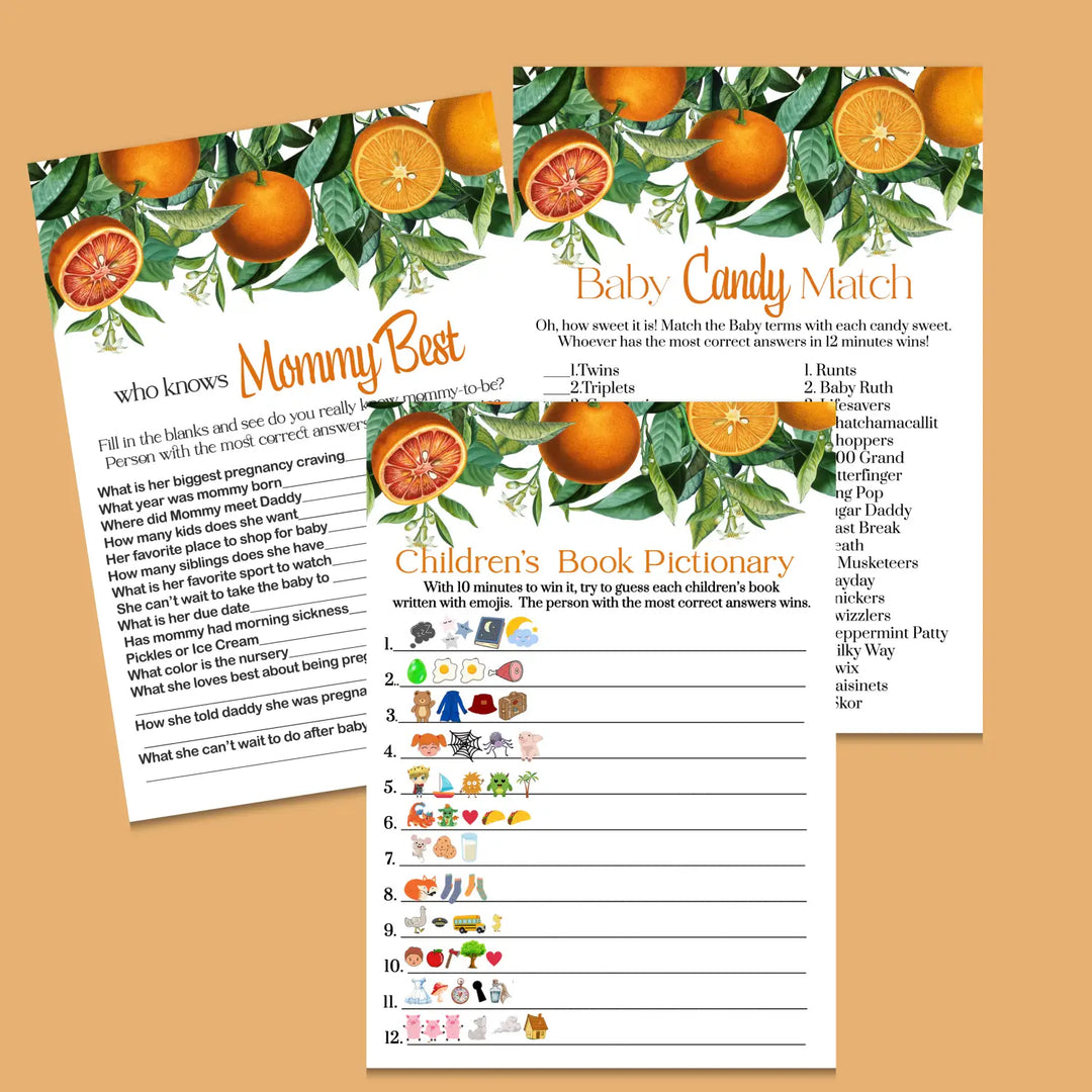 Orange cutie baby shower games bundle – instant download printable activities coed celebration fun digital game diy