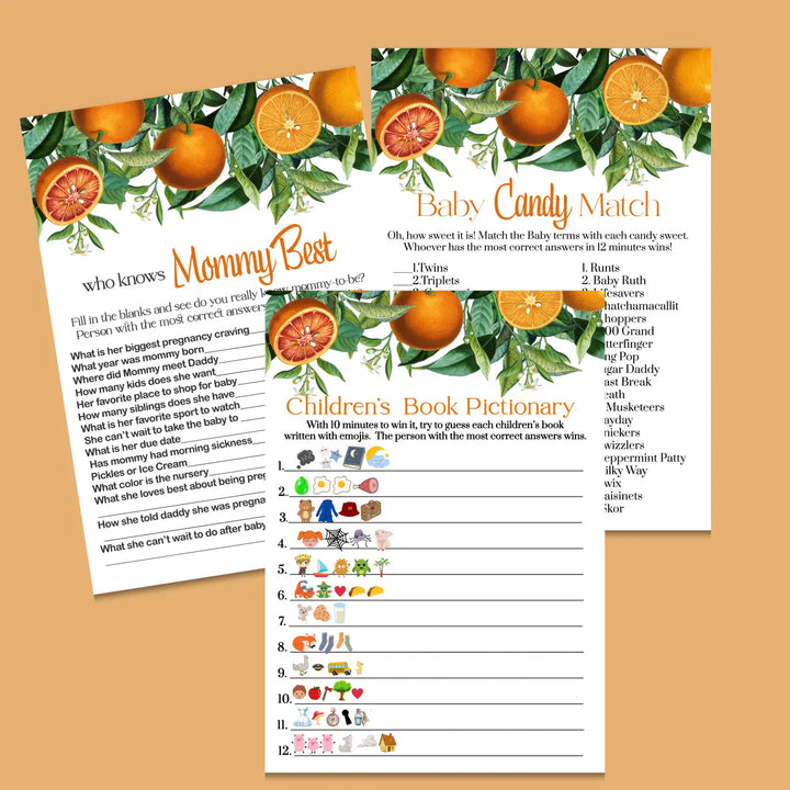 Orange cutie baby shower games bundle – instant download printable activities coed celebration fun digital game diy