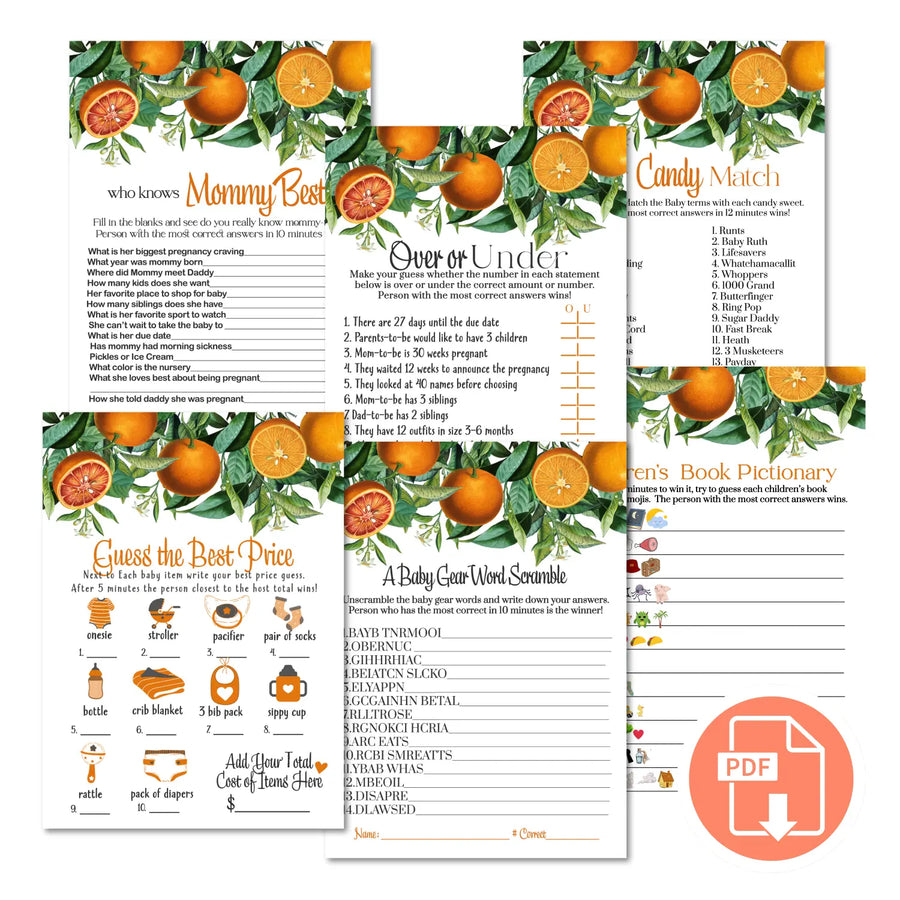 Orange cutie baby shower games bundle – instant download printable activities coed celebration fun digital game diy