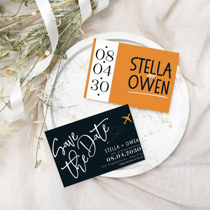 Custom Tangerine and Black Save the Date Cards - Personalized 4x6 Inch Invitations with Elegant Typography and White Envelopes - Perfect for Weddings, Birthdays, and Showers