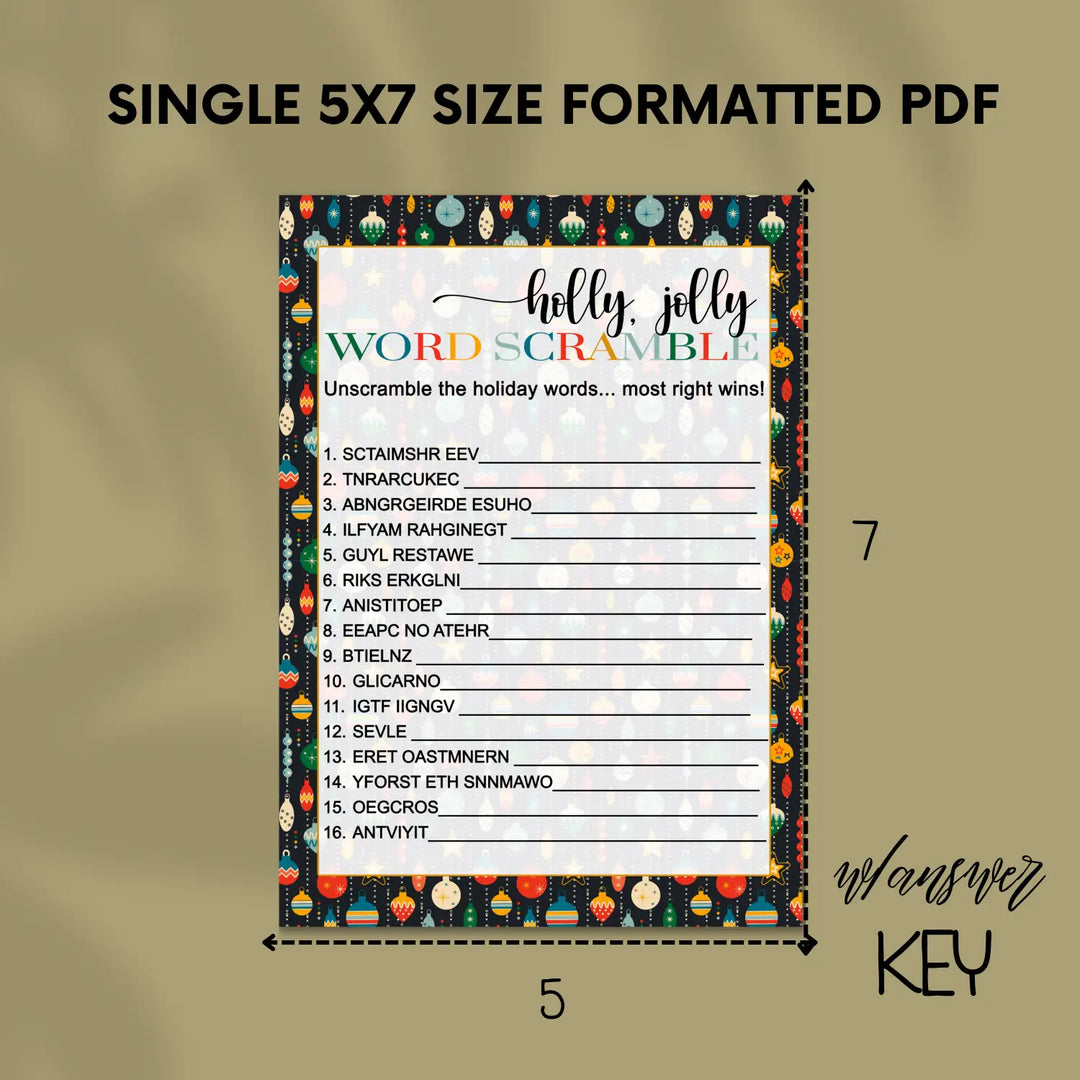 Ornament christmas word scramble printable – digital instant download pdf colorful fun - party games