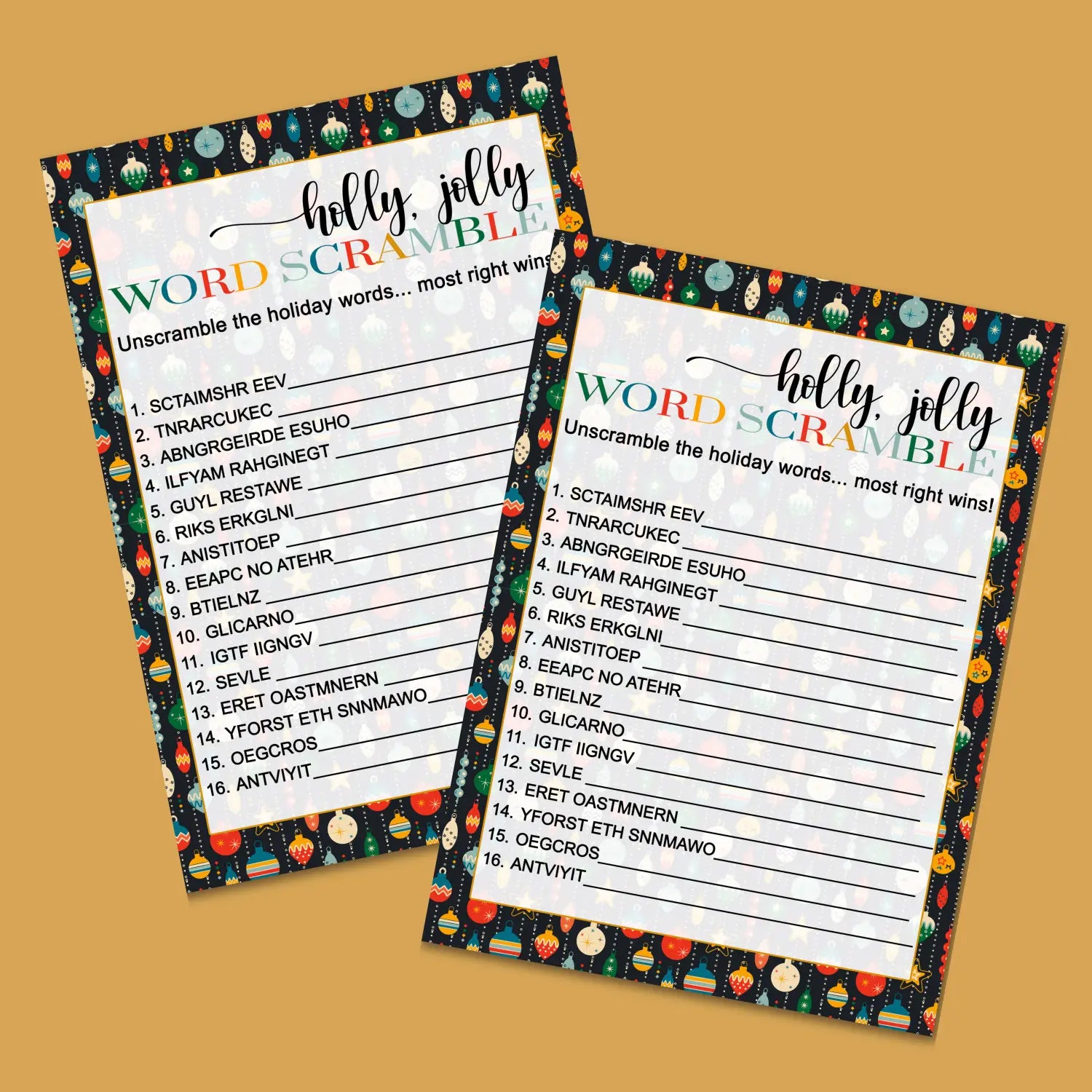 Ornament christmas word scramble printable – digital instant download pdf colorful fun - party games