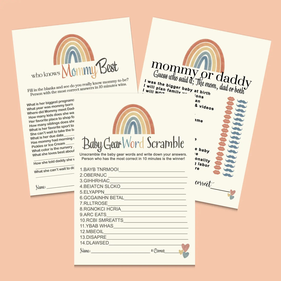 Over the rainbow baby shower games bundle – instant download printable activities gender reveal party diy boy or girl