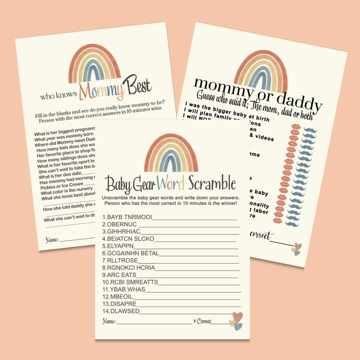 Over the rainbow baby shower games bundle – instant download printable activities gender reveal party diy boy or girl