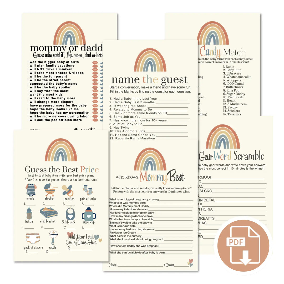 Over the rainbow baby shower games bundle – instant download printable activities gender reveal party diy boy or girl