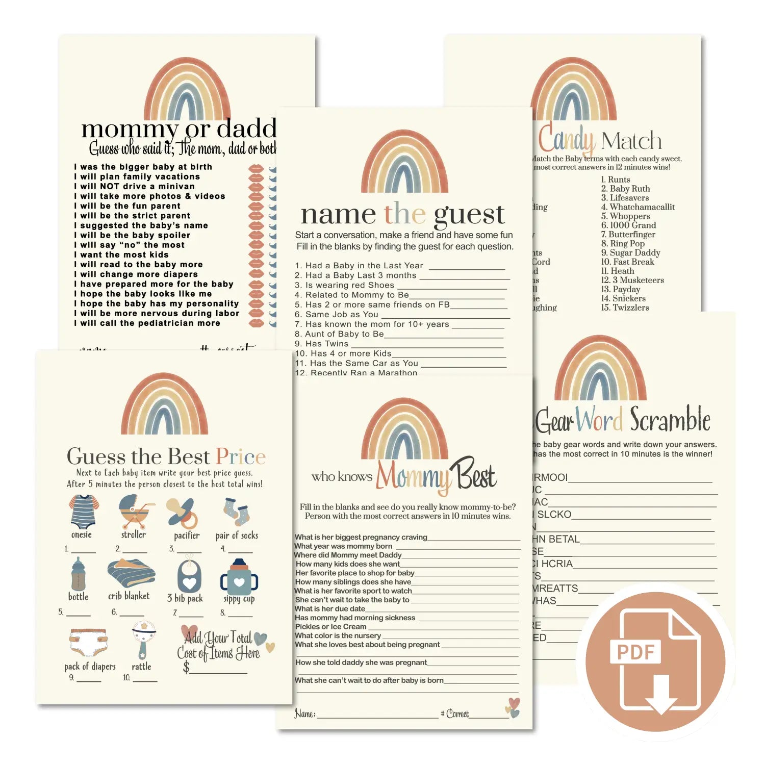 Over the rainbow baby shower games bundle – instant download printable activities gender reveal party diy boy or girl