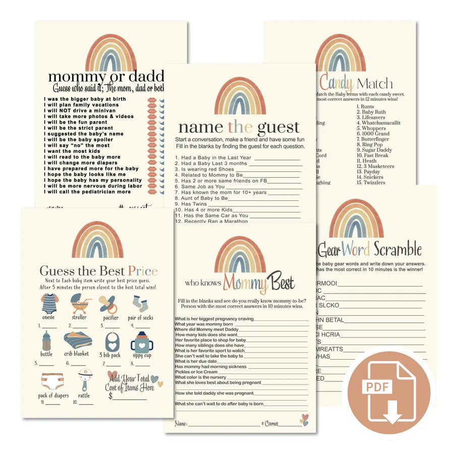 Over the rainbow baby shower games bundle – instant download printable activities gender reveal party diy boy or girl