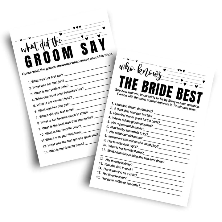 Paper clever party bridal shower games - 25 cards - what did the groom say & who knows bride best wedding activity
