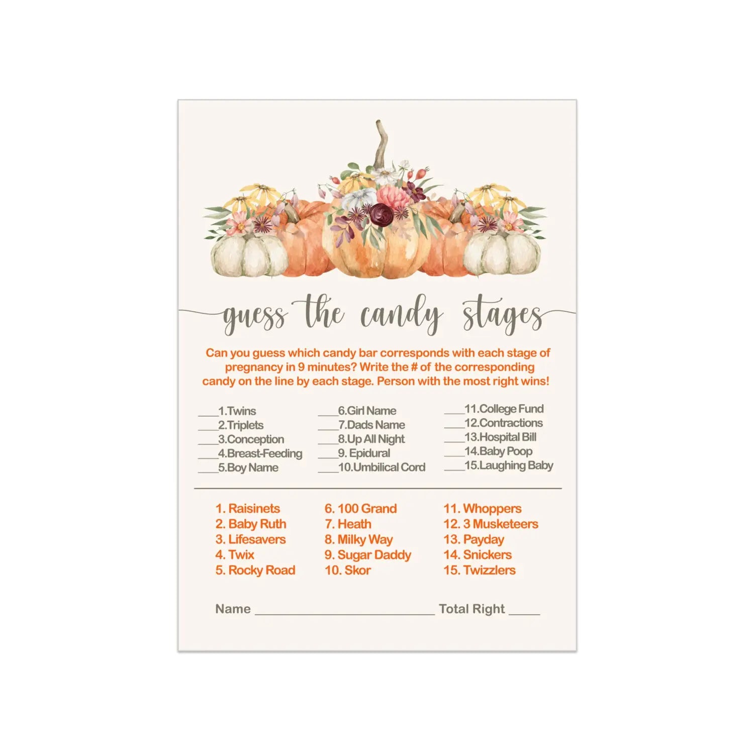 Paper clever party pumpkin baby shower game match the candies activity cards floral and 4x6 set 25 pack - games