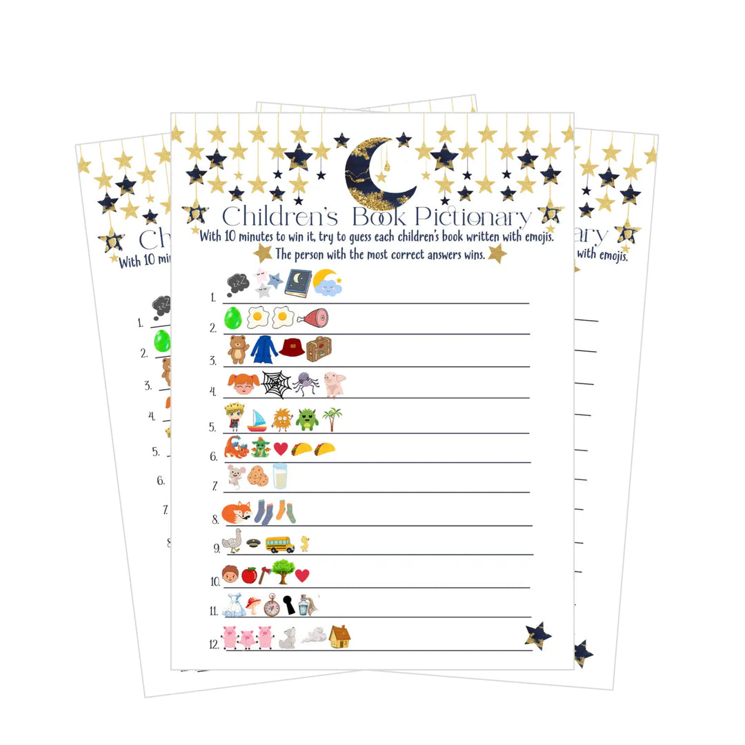 Paper Clever Party Twinkle Little Star Baby Shower Storybook Guessing Game - Royal Blue & Gold, 25-Pack 5x7” Cards with Answer Key - Paper Clever Party