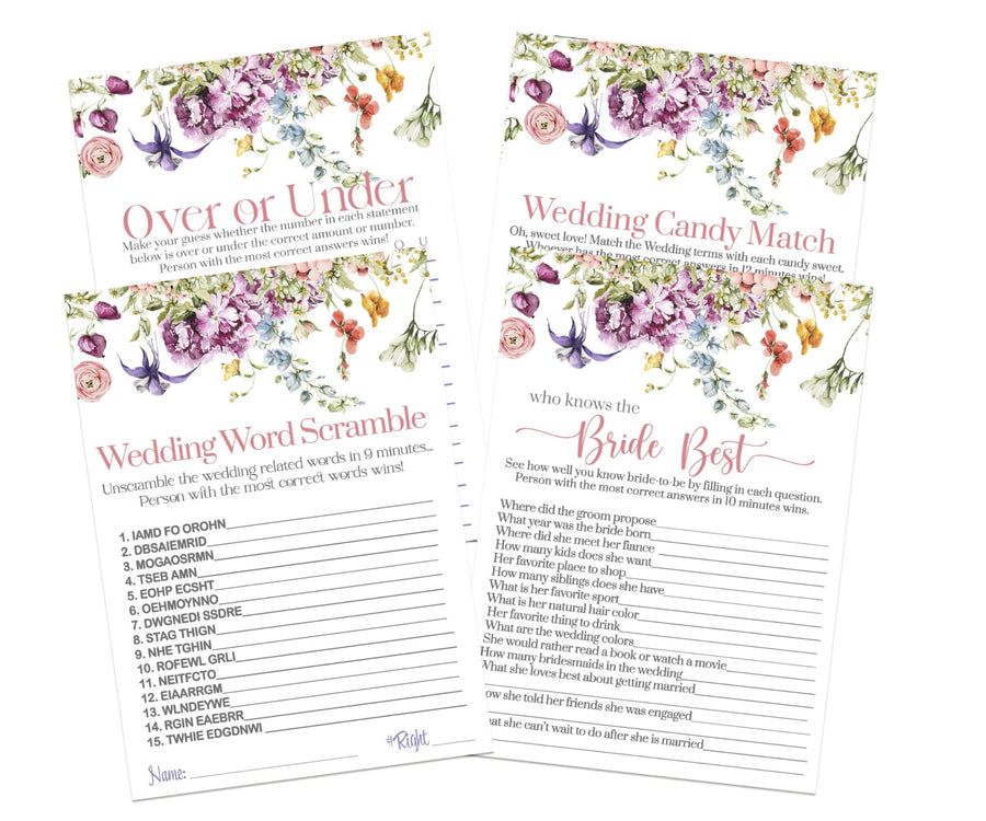 Paper Clever Party Wildflower Bridal Shower Game Bundle, 4 Different Activities on Double Sided 5x7 Cards, 25 Each - Paper Clever Party