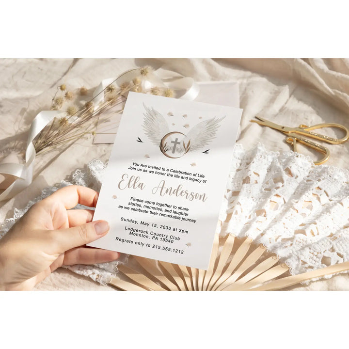 Personalized heaven sent baptism invitations - rustic 5x7 celebration of life cards - elegant angel wings design