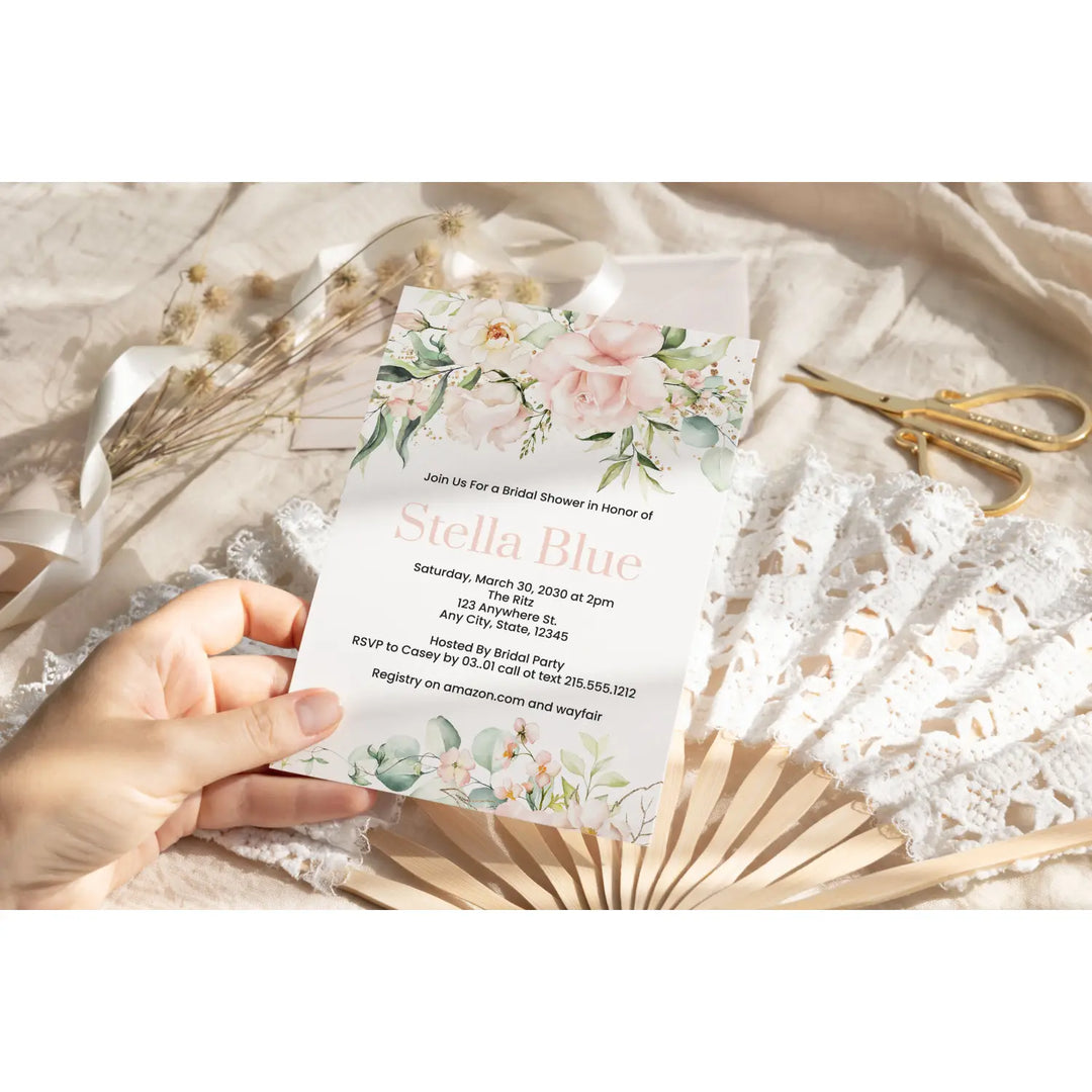 Personalized wedding reception invitations - blush blooms theme 5x7 cards - pink and gold rustic design with envelopes