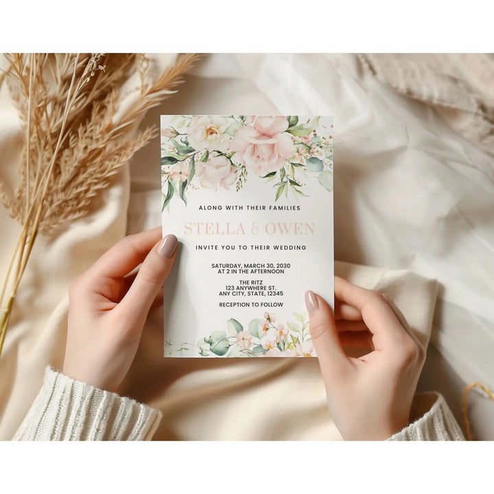Personalized wedding reception invitations - blush blooms theme 5x7 cards - pink and gold rustic design with envelopes