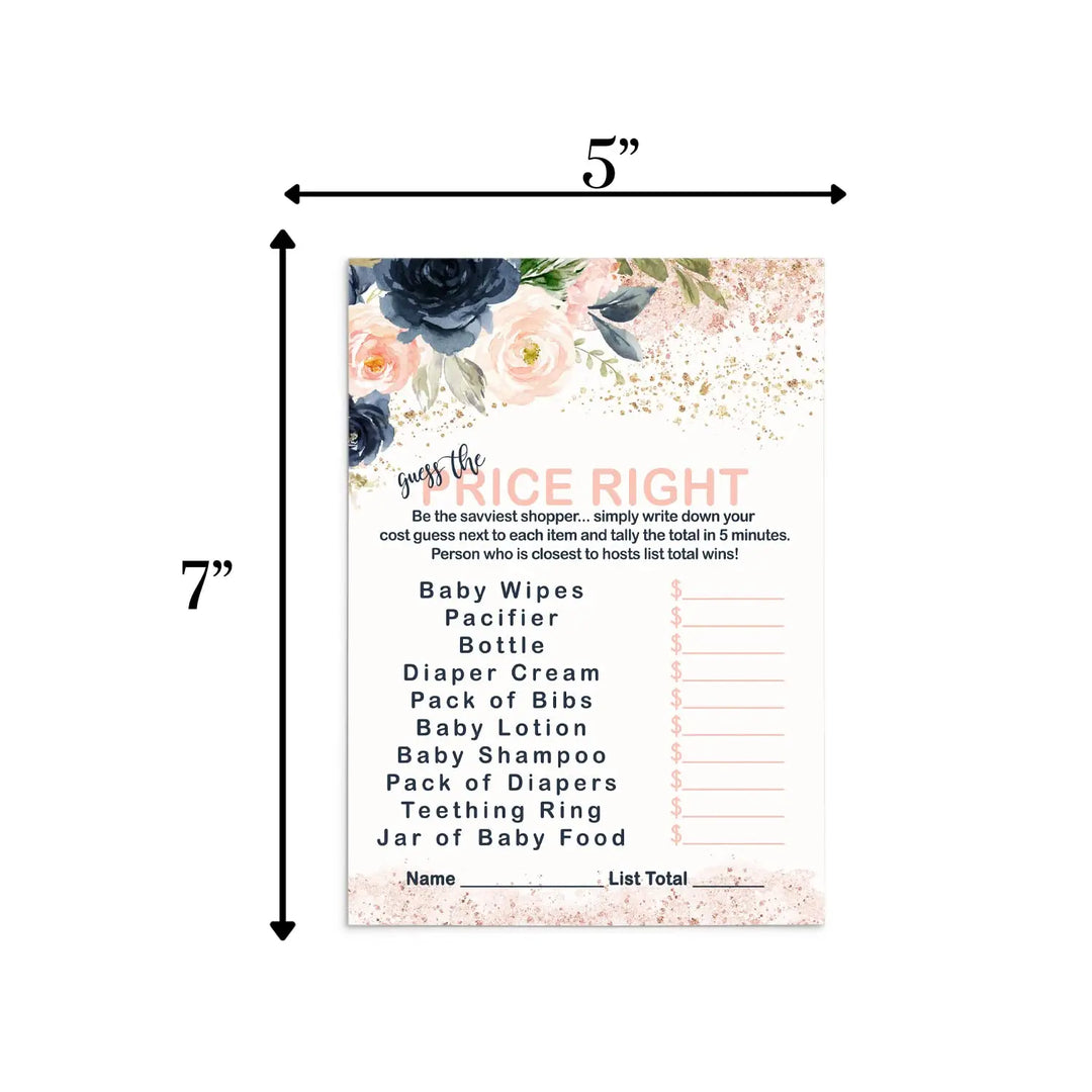 “Pastel Perfection” - Blushing Baby Shower Game Set, Rustic Floral Blue & Pink, 5x7 Cards (25 ct) - Paper Clever Party