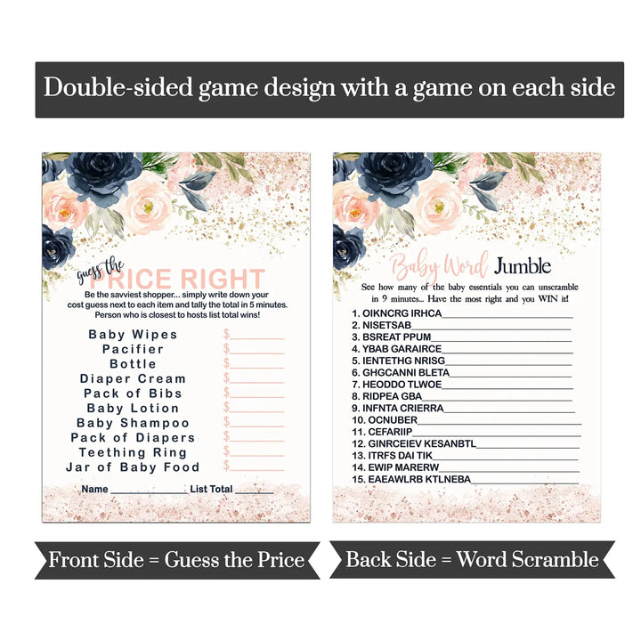 “Pastel Perfection” - Blushing Baby Shower Game Set, Rustic Floral Blue & Pink, 5x7 Cards (25 ct) - Paper Clever Party