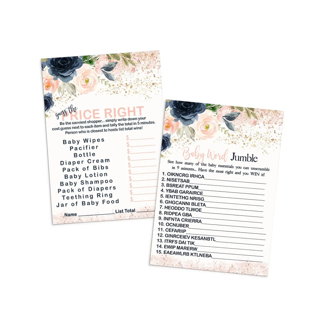 “Pastel Perfection” - Blushing Baby Shower Game Set, Rustic Floral Blue & Pink, 5x7 Cards (25 ct) - Paper Clever Party