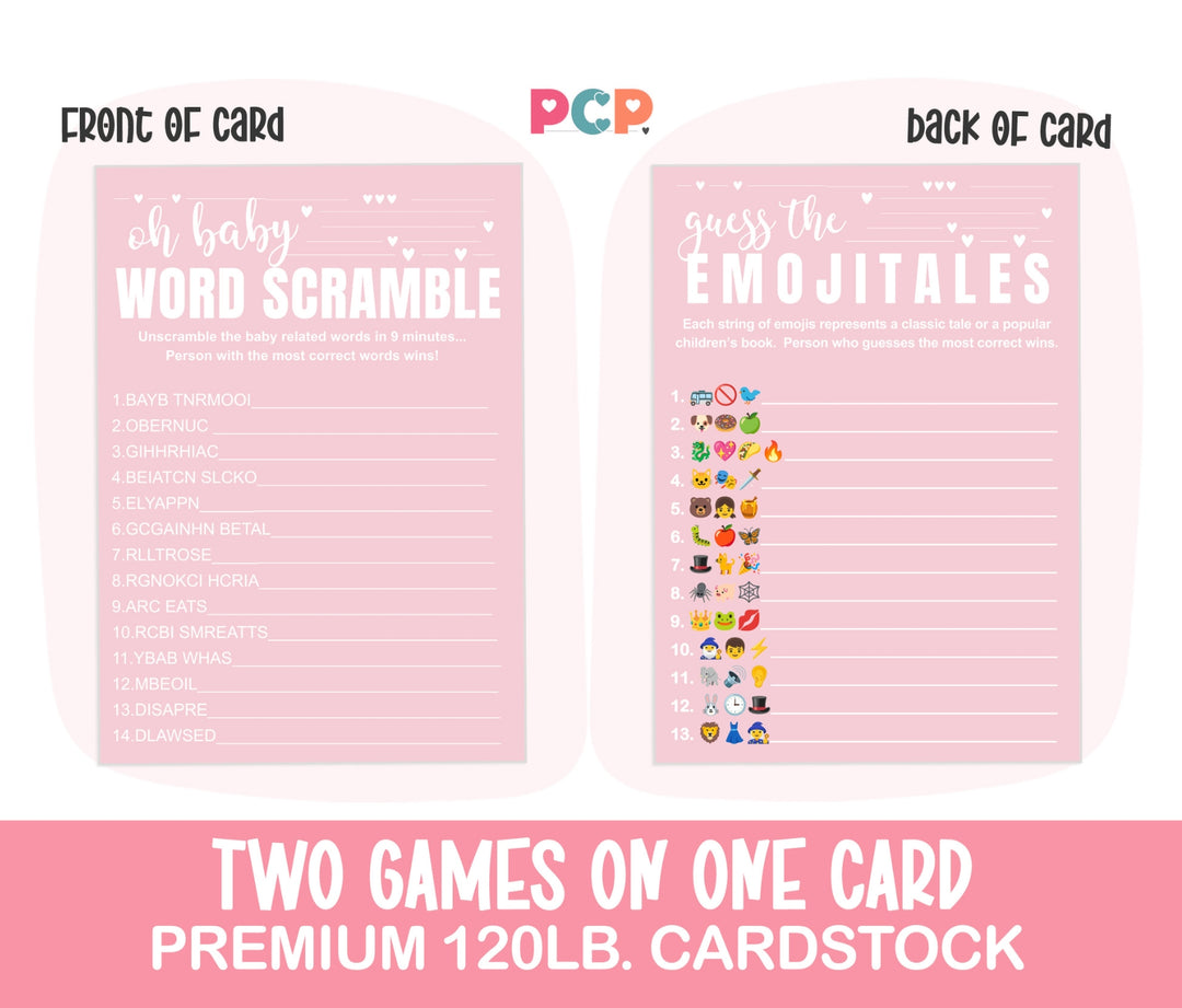 Pink Baby Shower Game Set - Word Scramble and Guess the Storybook Pictograms, 5x7 Double-Sided Cards, 25 Pack with Answer Key - Paper Clever Party