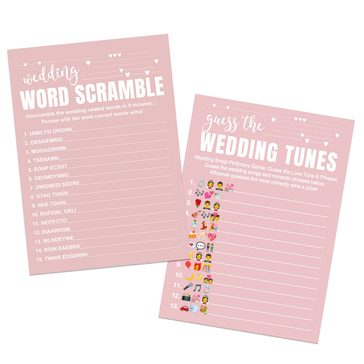 Pink Majesty Bridal Shower Game Bundle - 2-in-1 Wedding Word Scramble & Pictogram Song Guessing Fun for Guests - 25 Pack - Paper Clever Party