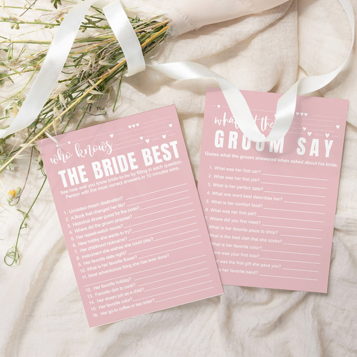 Pink Majesty Bridal Shower Game Bundle 2-in-1 - Who Knows the Bride Best & What Did the Groom Say - 25 Pack - Paper Clever Party