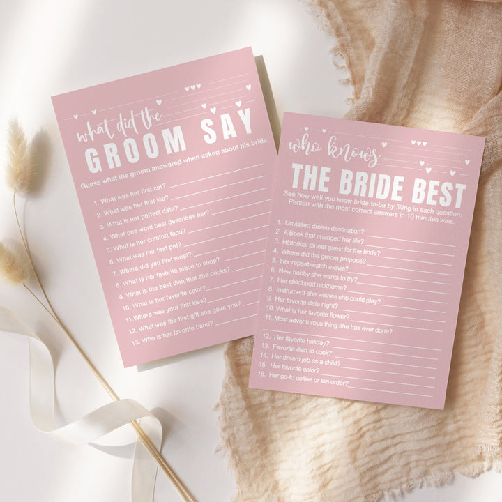 Pink Majesty Bridal Shower Game Bundle 2-in-1 - Who Knows the Bride Best & What Did the Groom Say - 25 Pack - Paper Clever Party