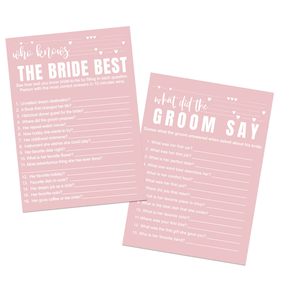 Pink Majesty Bridal Shower Game Bundle 2-in-1 - Who Knows the Bride Best & What Did the Groom Say - 25 Pack - Paper Clever Party