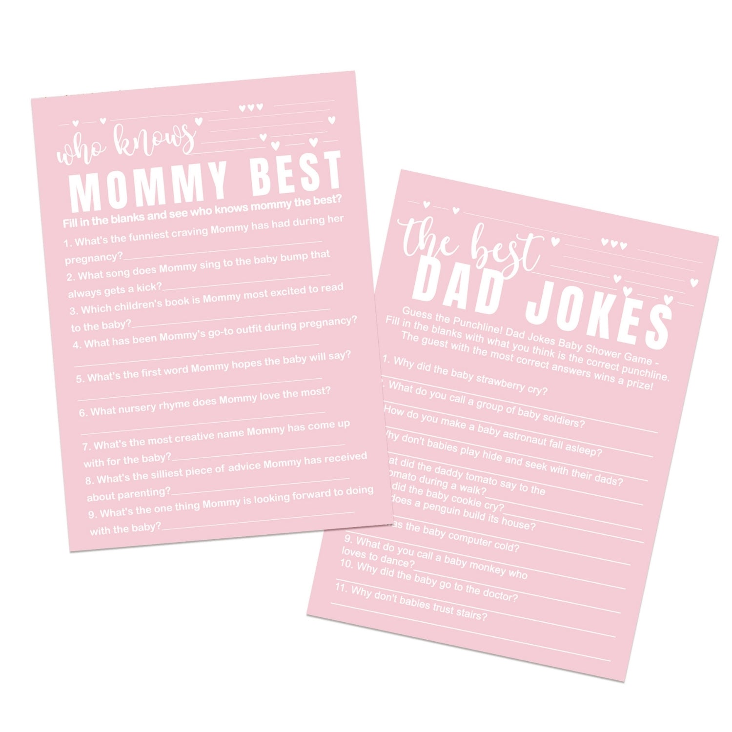 Pink Baby Shower Game Set - Who Knows Mommy Best & Dad Jokes, Modern Minimalist, 25 Pack - Paper Clever Party