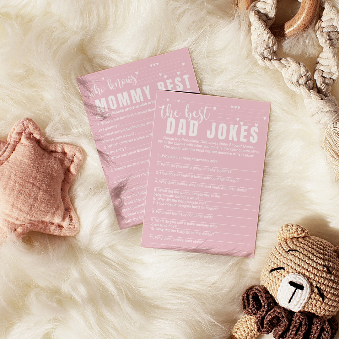 Pink Baby Shower Game Set - Who Knows Mommy Best & Dad Jokes, Modern Minimalist, 25 Pack - Paper Clever Party