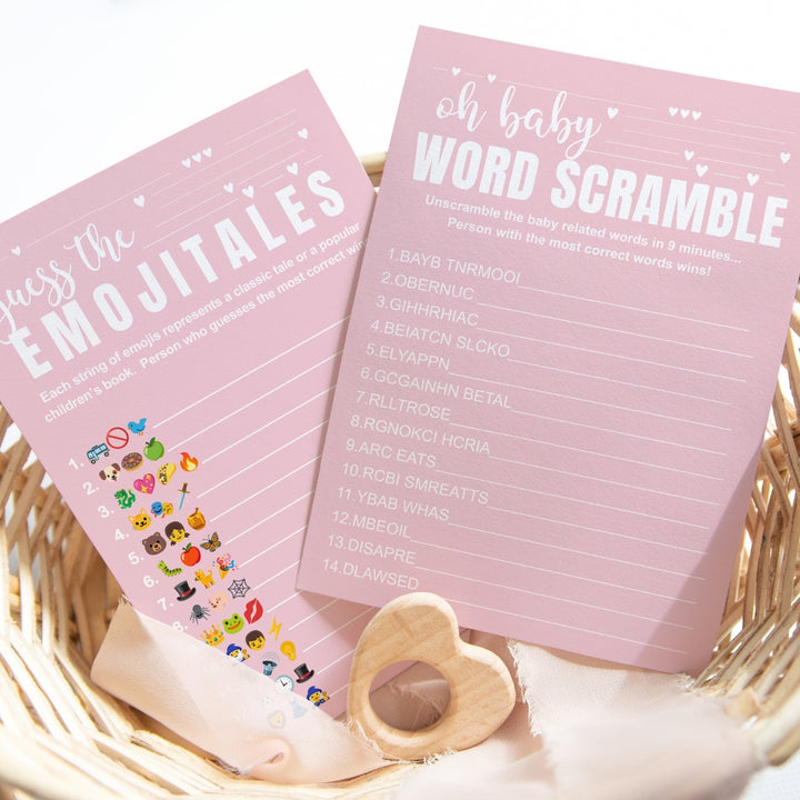 Pink Baby Shower Game Set - Word Scramble and Guess the Storybook Pictograms, 5x7 Double-Sided Cards, 25 Pack with Answer Key - Paper Clever Party