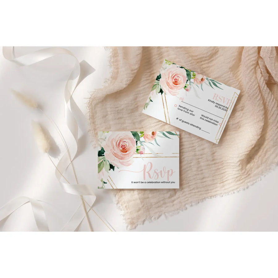 Personalized graceful floral rsvp cards with envelopes - blush gold & rustic greenery for weddings and events