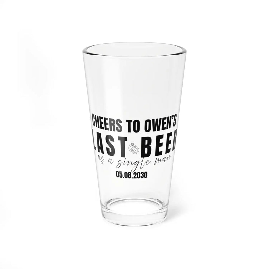 Personalized groom gift pint glass featuring ’last beer as a single man’ in black calligraphy with name and wedding