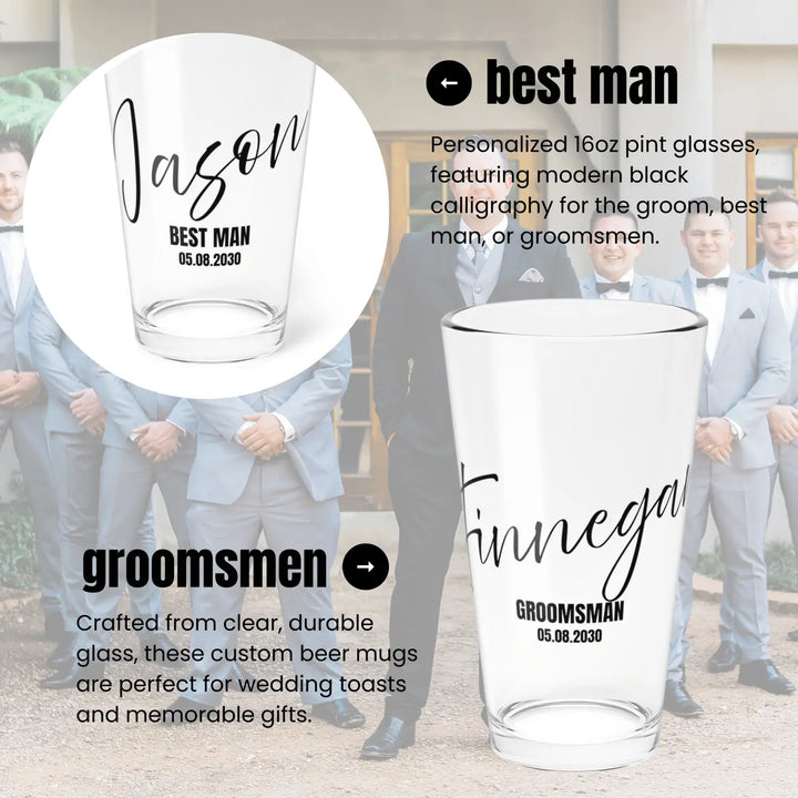 Personalized groomsman pint glass pack wedding date and name 16oz clear beer for gifts - mug