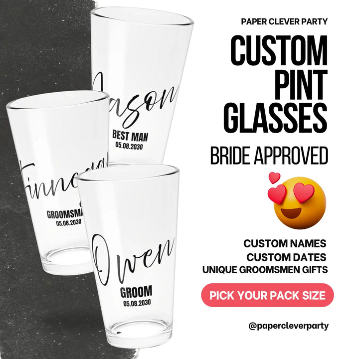 Personalized groomsman pint glass pack wedding date and name 16oz clear beer for gifts - mug