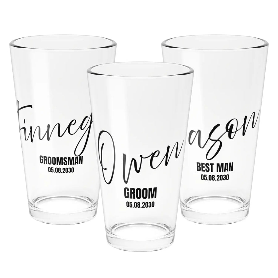 Personalized groomsman pint glass pack wedding date and name 16oz clear beer for gifts - mug