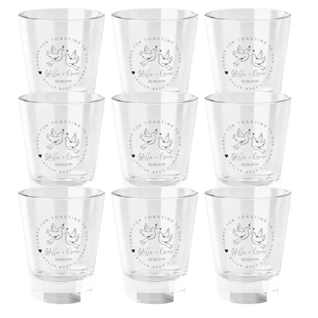 Personalized love dove doodle shot glass – handdrawn hearts & calligraphy wedding event gift 1.5oz clear