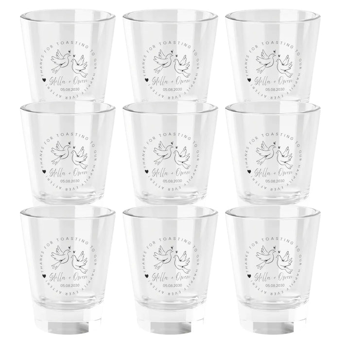 Personalized love dove doodle shot glass – handdrawn hearts & calligraphy wedding event gift 1.5oz clear