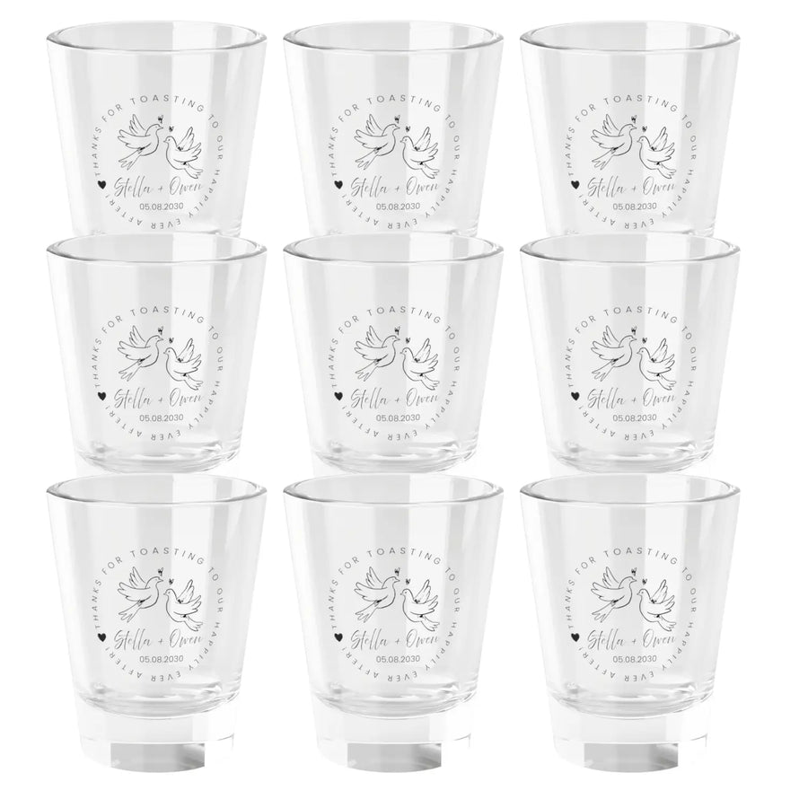 Personalized love dove doodle shot glass – handdrawn hearts & calligraphy wedding event gift 1.5oz clear